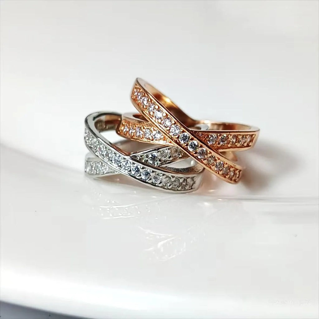 Geometric cross design ring with micro-inlaid zircon details in silver or rose gold electroplated finish