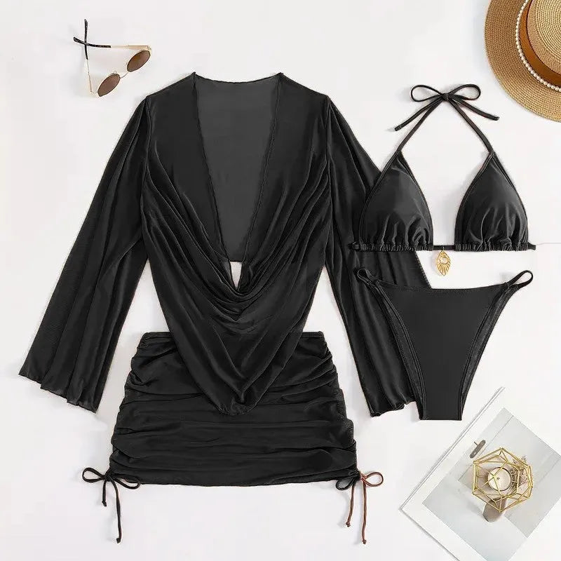 Dark brown or black women's lace-up bikini swimsuit set with backless design