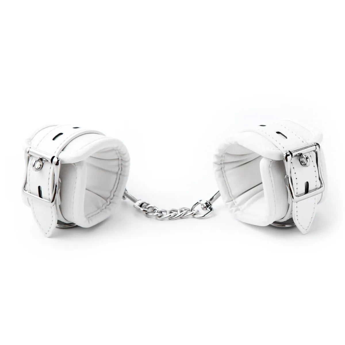 White PU sponge bondage set showing handcuffs, footcuffs and neck scarf components
