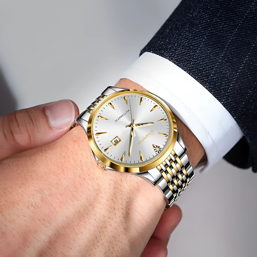 Men's stainless steel automatic mechanical watch with simple dial and 30m water resistance