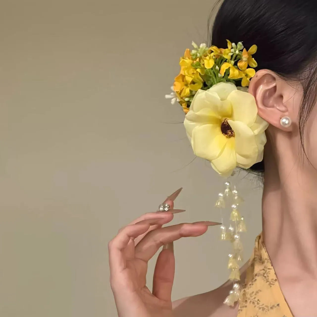 Handmade floral tassel hair clip with fairy pearls in purple or yellow colour options
