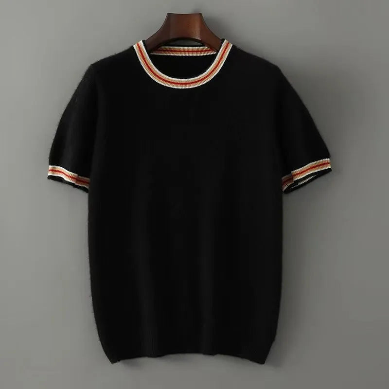Men's pure wool short sleeve sweater in round neck pullover style shown in neutral colour