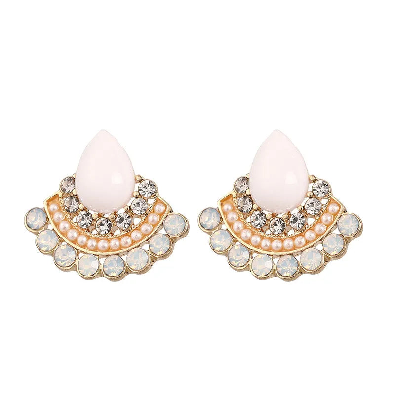 Women's retro geometric fan-shaped earrings with opal rhinestone detailing and electroplated sterling silver finish