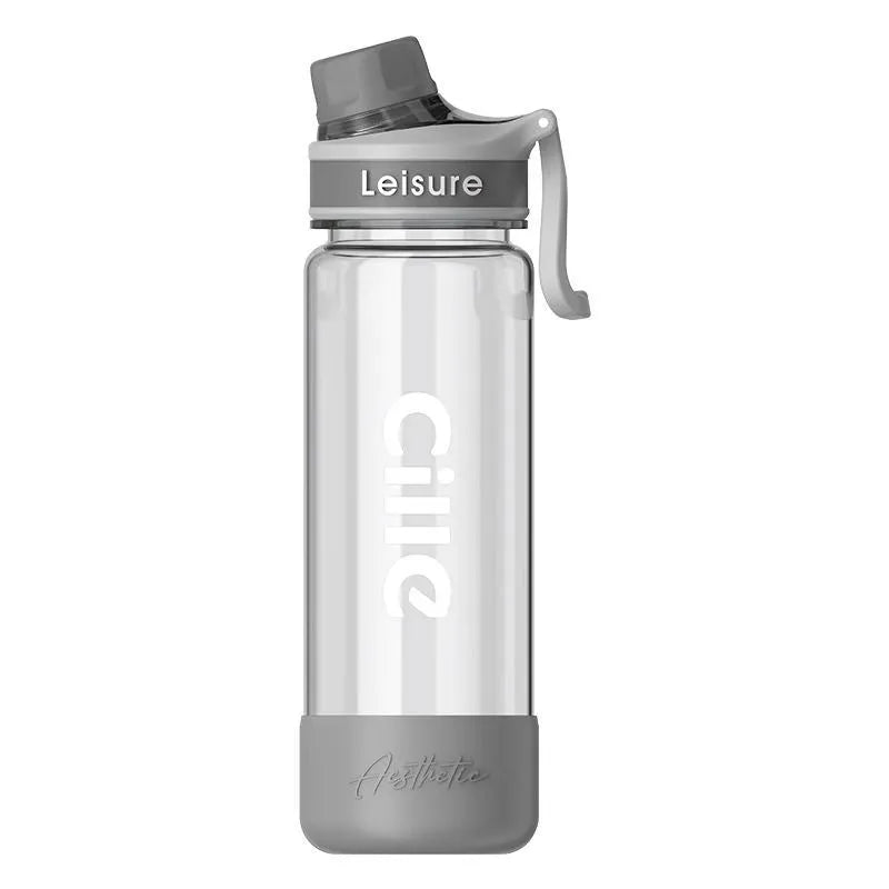 Grey plastic cup with integrated straw showing cylindrical shape and 1000ml capacity marking