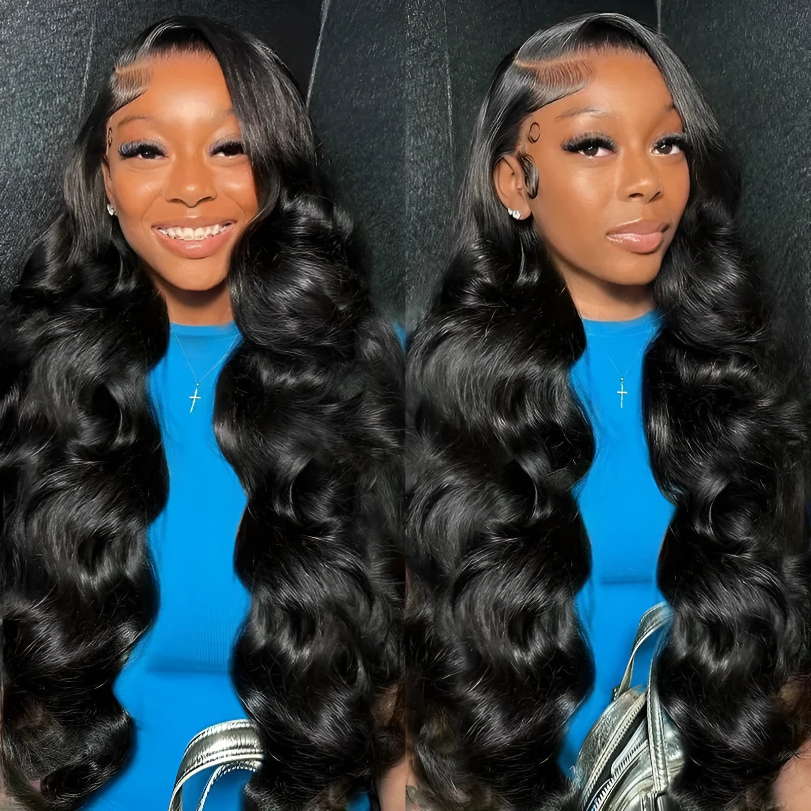 Black synthetic wig with large waves on a lace base, shown with size options from 16 to 32 inches.