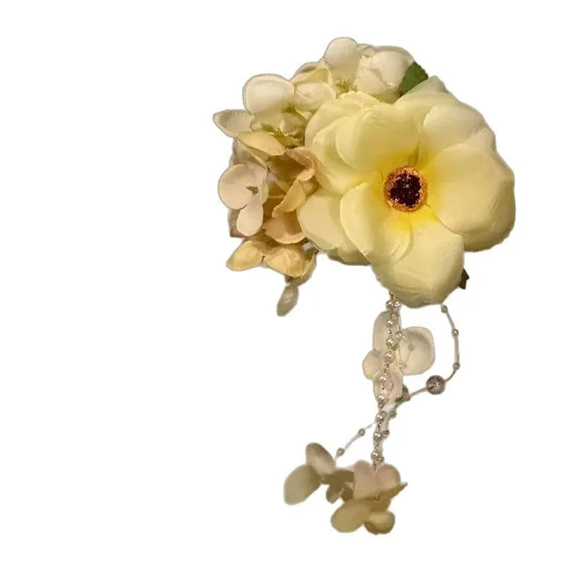 Handmade floral tassel hair clip with fairy pearls in purple or yellow colour options