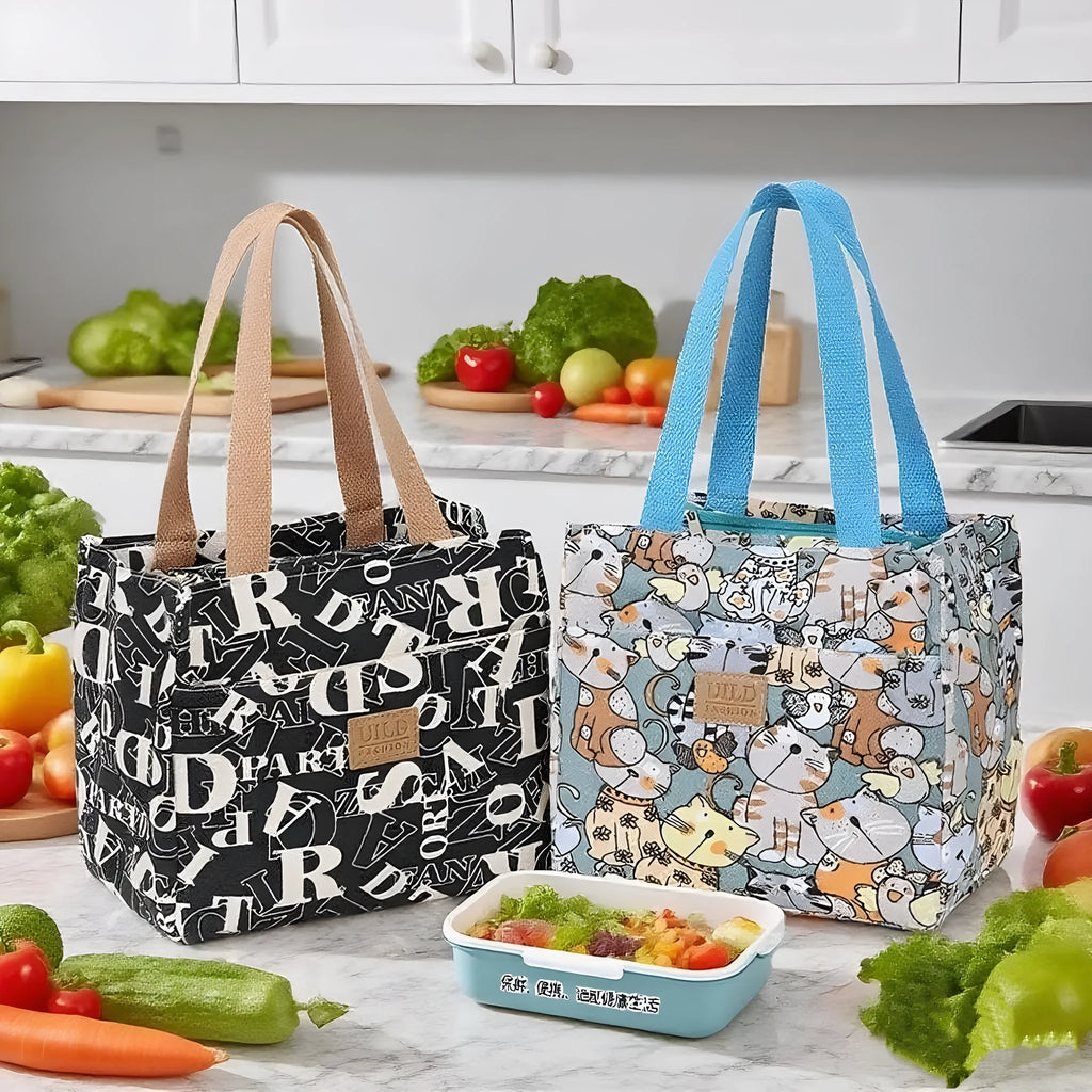 Women's printed canvas square handbag in a floral design, showing large capacity and structured shape.