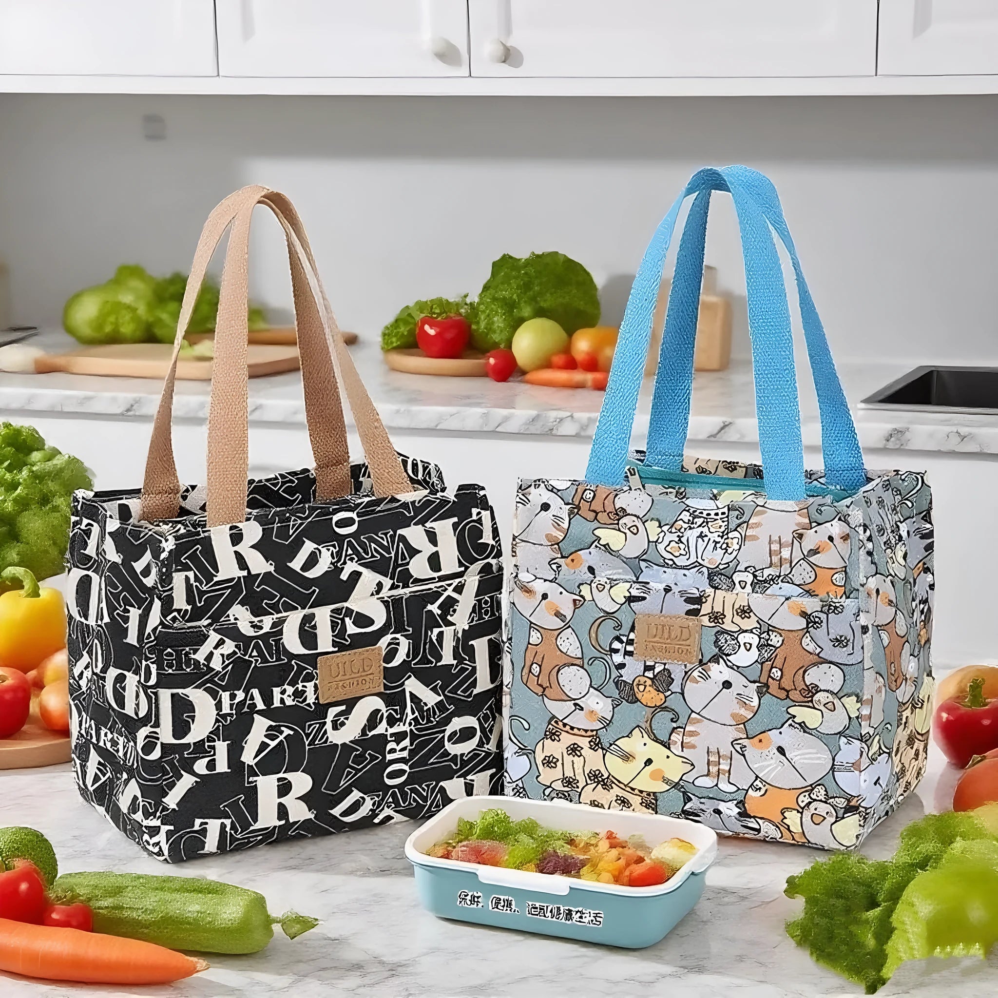 Women's printed canvas square handbag in a floral design, showing large capacity and structured shape.