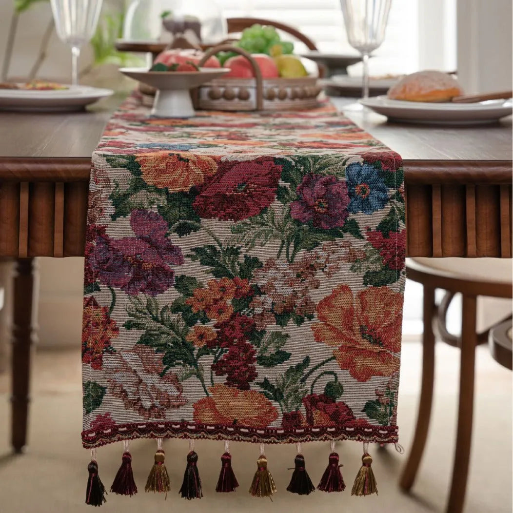 American-style jacquard table runner with tassel fringe in floral pattern