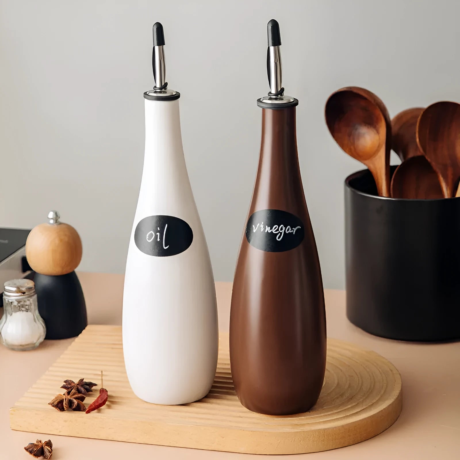 Ceramic oil pot with stainless steel funnel and brush in white, black, or coffee colour