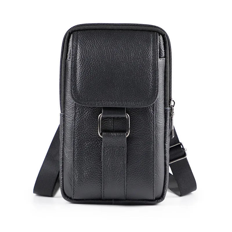 Men's black genuine leather crossbody waist bag with a square shape and lock detail.