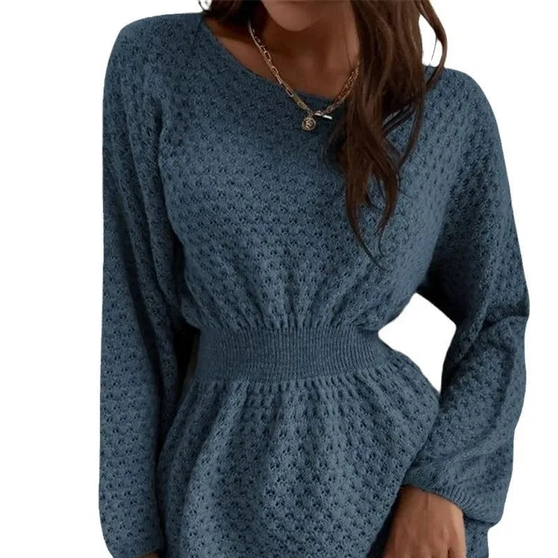 Blue women's knitted dress with hand-crocheted flowers and fitted waist design