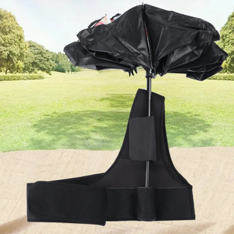 Black portable umbrella holder with fixed shoulder strap for hands-free use, made from diving cloth.