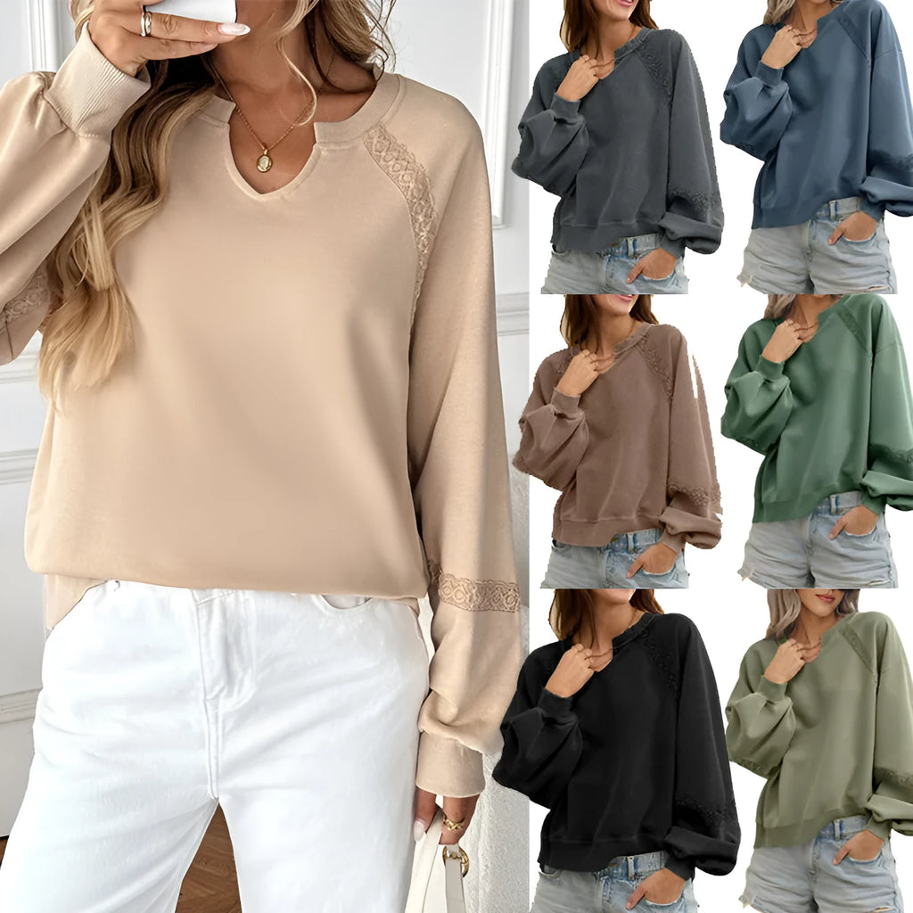 Women's half-open collar sweater with stitching lace detail in solid colour with long sleeves