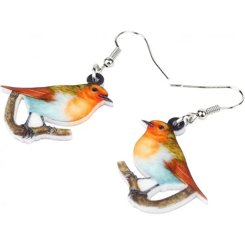 Acrylic Blue Titmouse pendant earrings with geometric bird design and snake elements