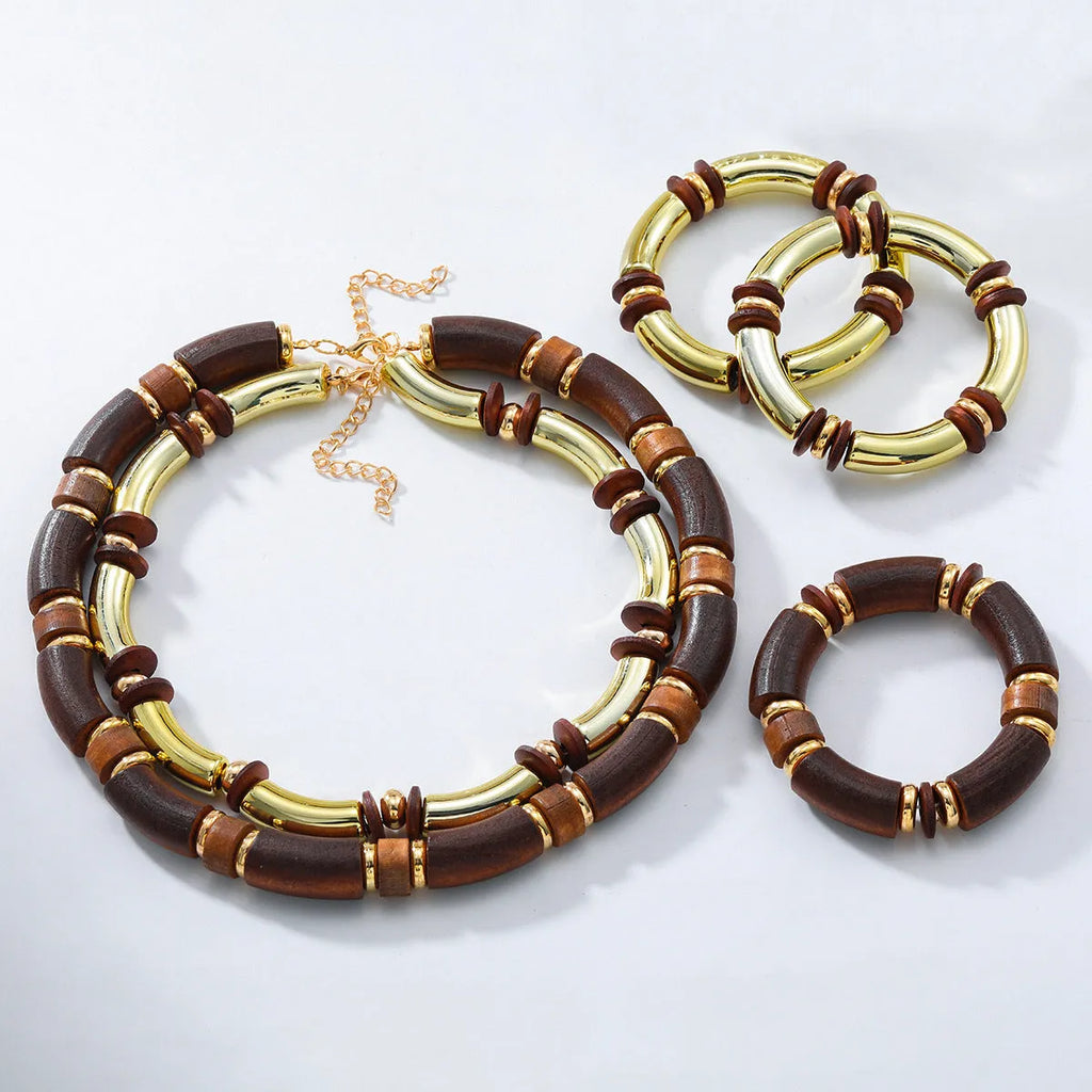 Multi-layer wooden necklace and bracelet set with alloy round pendant
