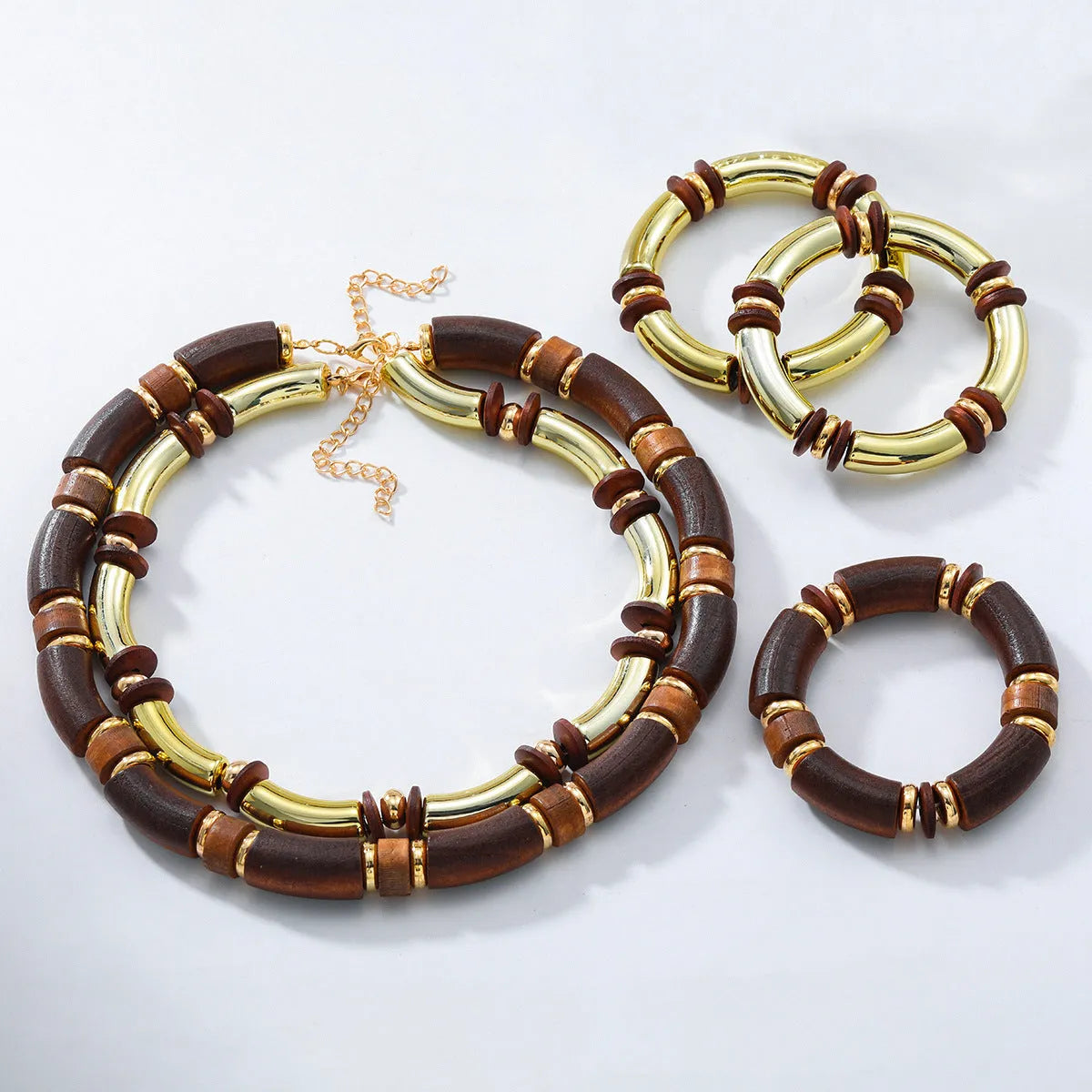 Multi-layer wooden necklace and bracelet set with alloy round pendant