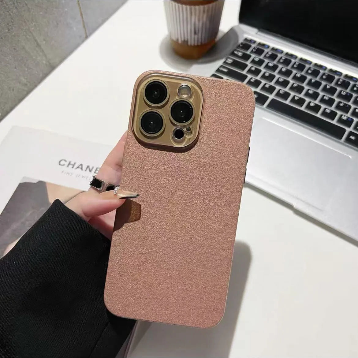Hard shell phone case with lychee pattern embossing in Black, compatible with iPhone 14 Pro