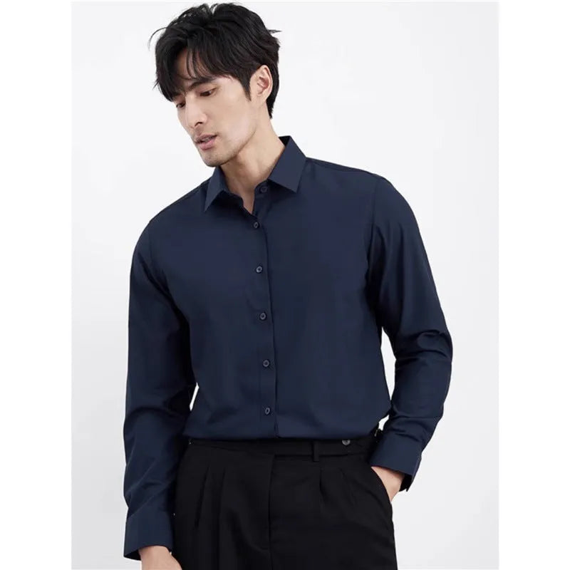 Men's wine red slim fit long sleeve shirt on a hanger, non-iron polyester fabric.