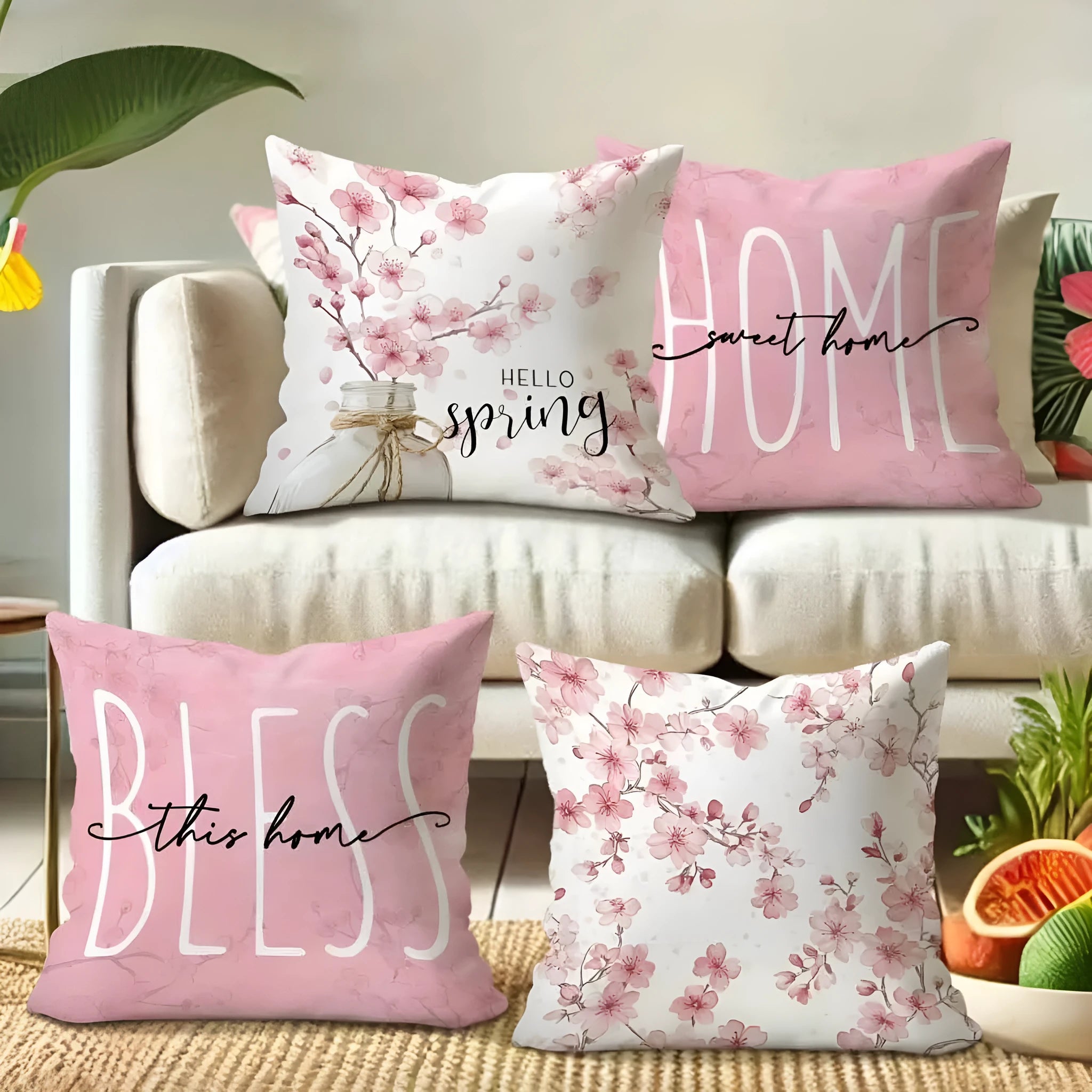 Square 45cm cherry blossom and letter print cushion cover in short velvet fabric.