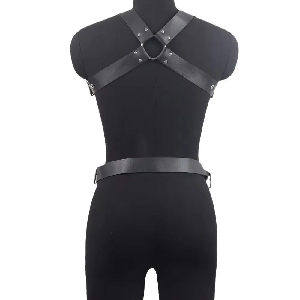 Black patent leather waist cincher shapewear with pin buckle fastening on mannequin