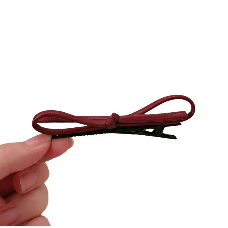 Wine red leather bow hair barrettes handcrafted women's hair clip accessories
