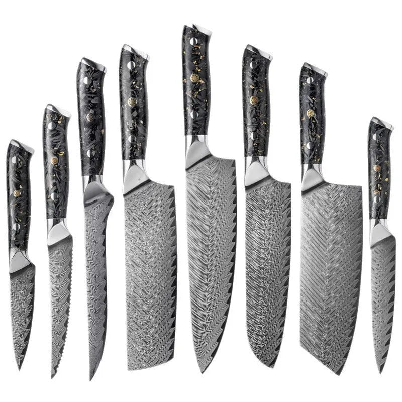 Damascus steel kitchen knife set with eight blades including Japanese and boning knives on a wooden surface
