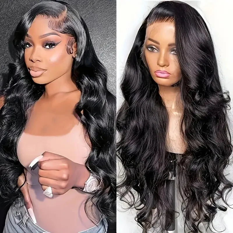 Black synthetic wig with large waves on a lace base, shown with size options from 16 to 32 inches.
