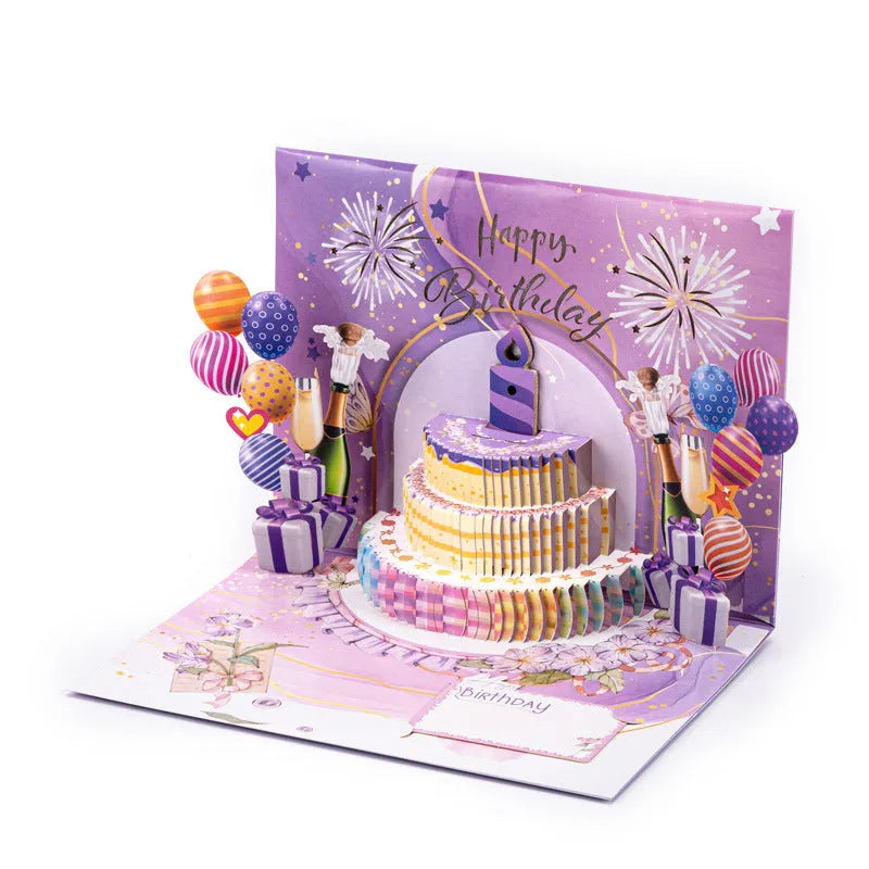 Open 3D greeting card showing a layered cake illustration in Chinese ink style, 15cm by 20cm.