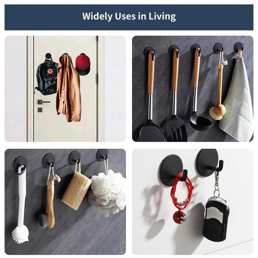 Stainless steel self-adhesive wall hook with rounded luggage hook design.