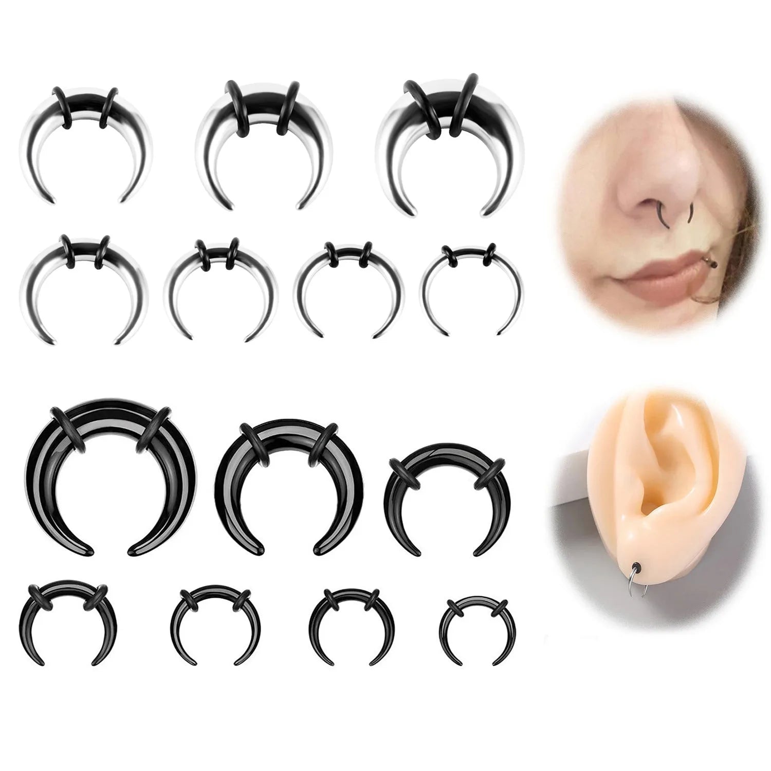 Geometric C-shaped nose ring with buffalo horn inlay, shown in steel colour on a grey background.