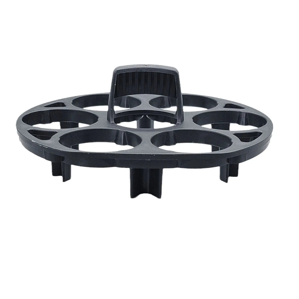 Black plastic egg holder basket for kitchen storage on a white background.