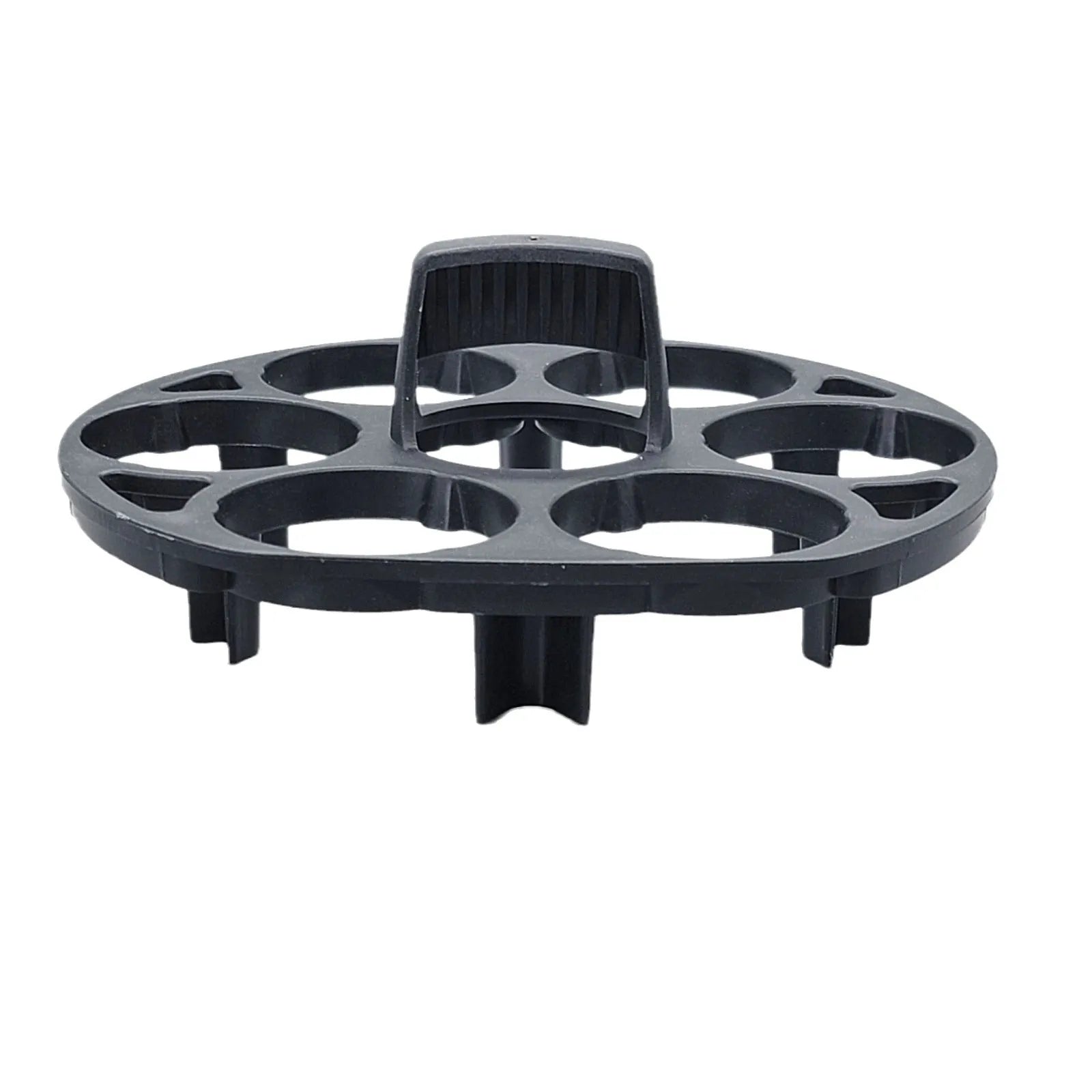 Black plastic egg holder basket for kitchen storage on a white background.