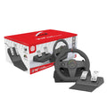 Black multi-platform steering wheel game controller with two pedals and LED display