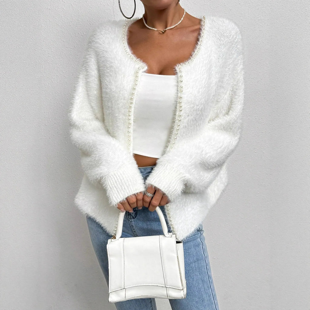 Women's white V-neck cardigan sweater with medium thickness polyester knitwear fabric