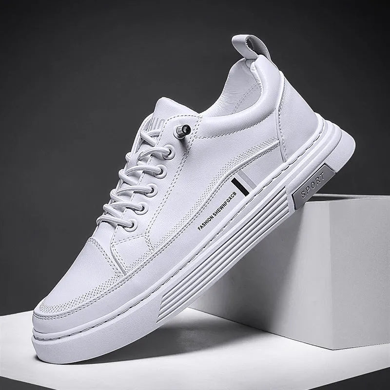 Men's low-top skateboard shoes with elastic band, microfiber upper, and rubber sole in black or white.