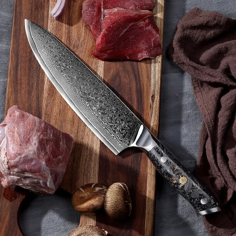 Damascus steel kitchen knife set with eight blades including Japanese and boning knives on a wooden surface