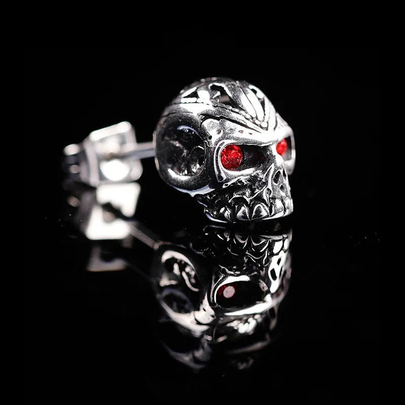 Retro style skull stud earrings with red eye ghost head design on alloy backing