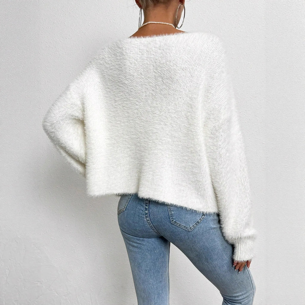 Women's white V-neck cardigan sweater with medium thickness polyester knitwear fabric