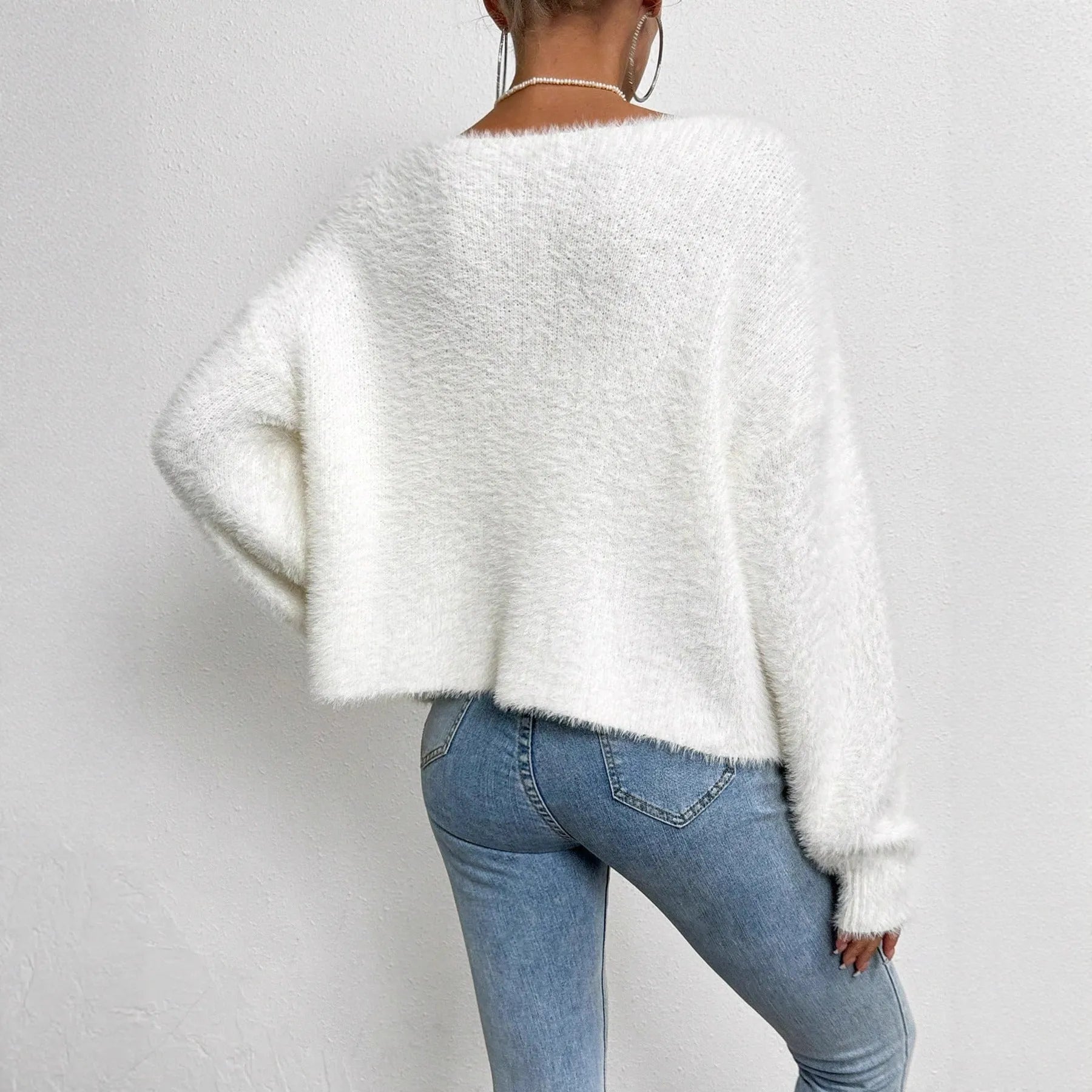 Women's white V-neck cardigan sweater with medium thickness polyester knitwear fabric
