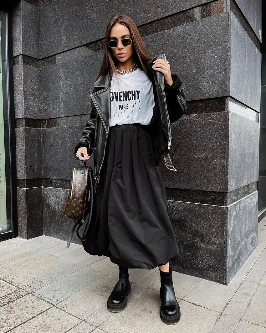 Women's cotton long skirt with elastic waistband in black solid colour A-line design