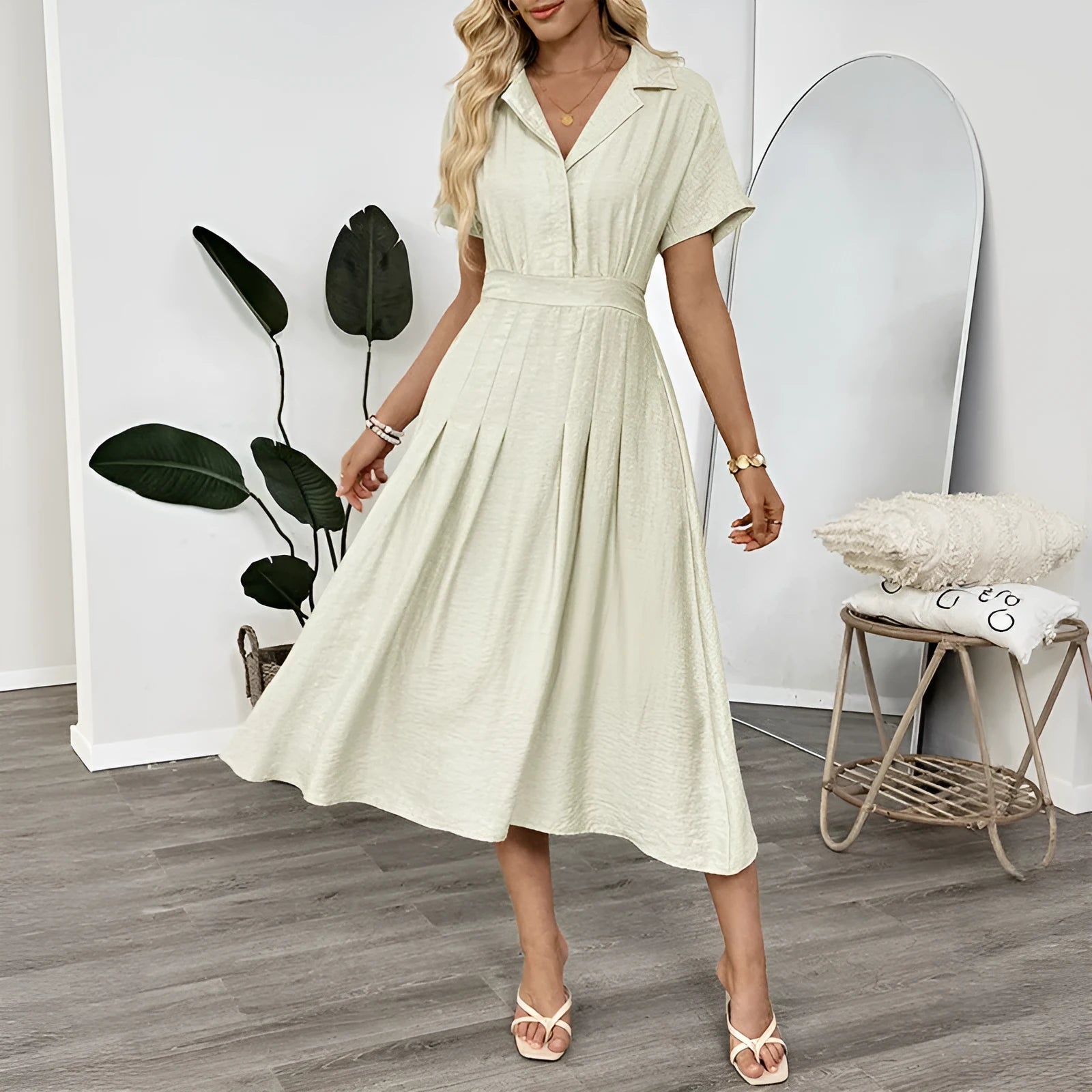 Light green lapel collar shirt dress with waist-tight skirt and commuter pockets