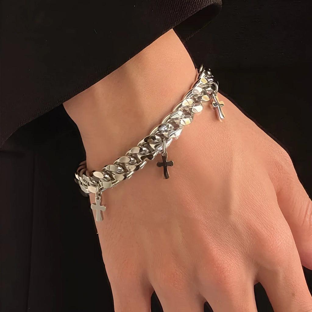 Men's titanium steel bracelet with geometric cross design on wrist