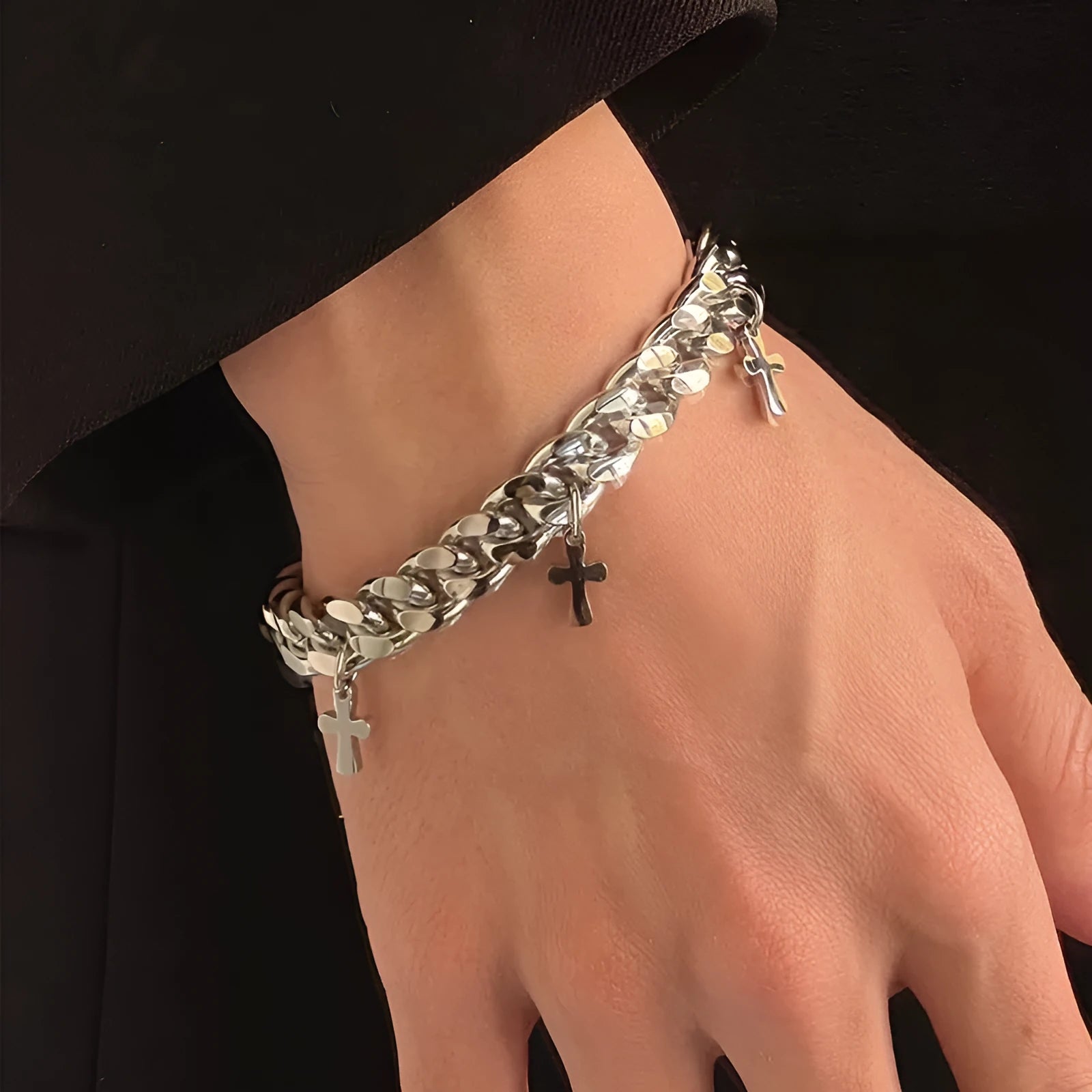 Men's titanium steel bracelet with geometric cross design on wrist