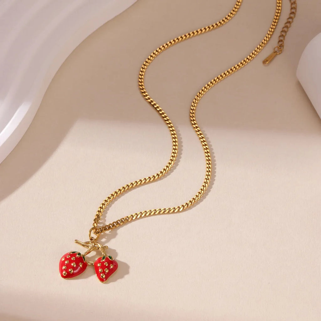 Stainless steel strawberry pendant necklace with alloy chain in red and white gradient colours