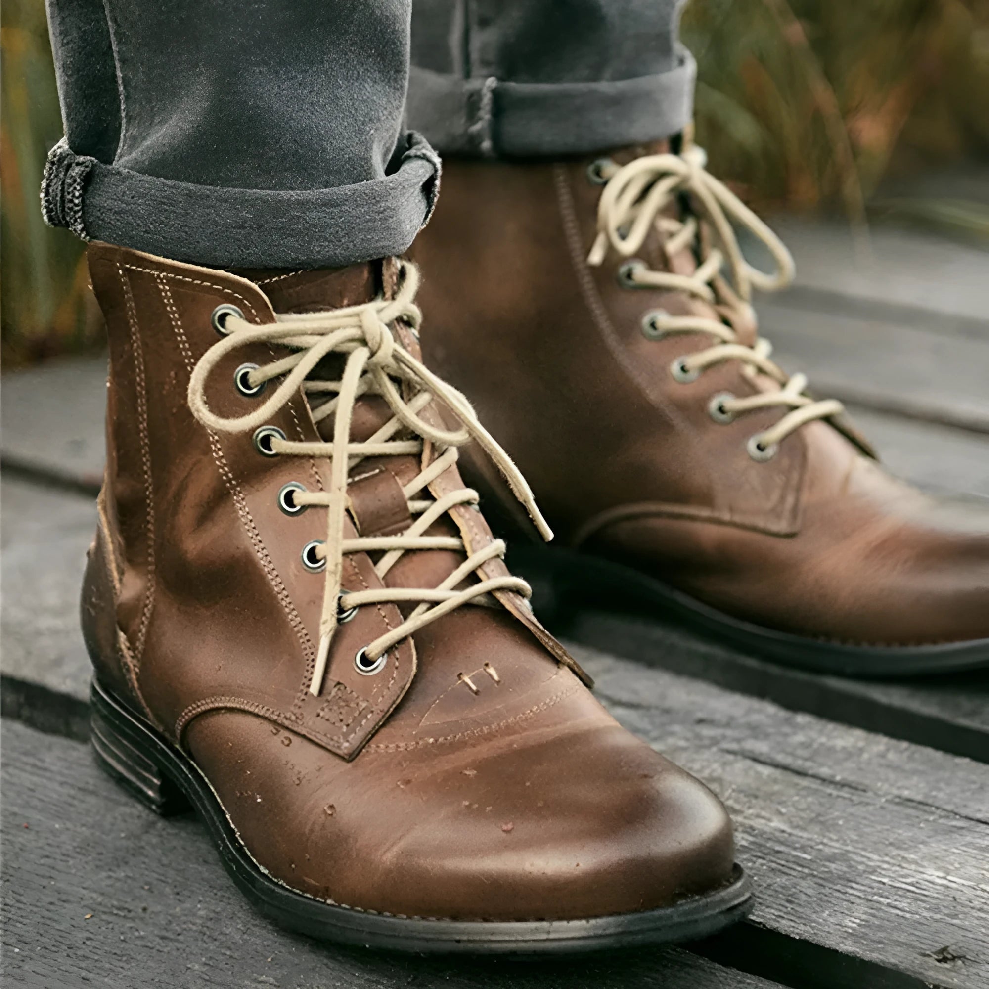 Knight Series black and brown two-tone leather boots with a side zipper and low heel.