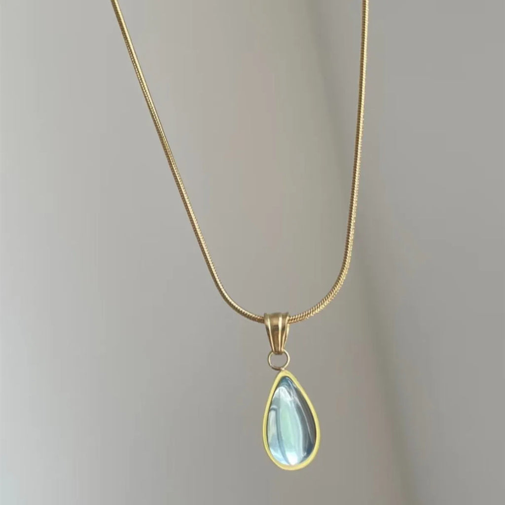 Water drop shaped pendant necklace with titanium steel snake bones chain in blue or green colour options