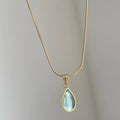 Water drop shaped pendant necklace with titanium steel snake bones chain in blue or green colour options