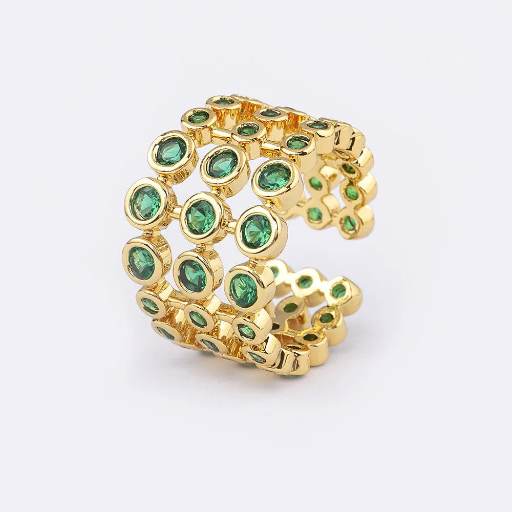 Copper ring with 18K gold plating and three-layer green zircon design in wide band version