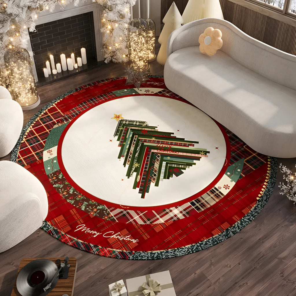 Red round Christmas carpet with velvet texture and non-slip backing in various diameter sizes